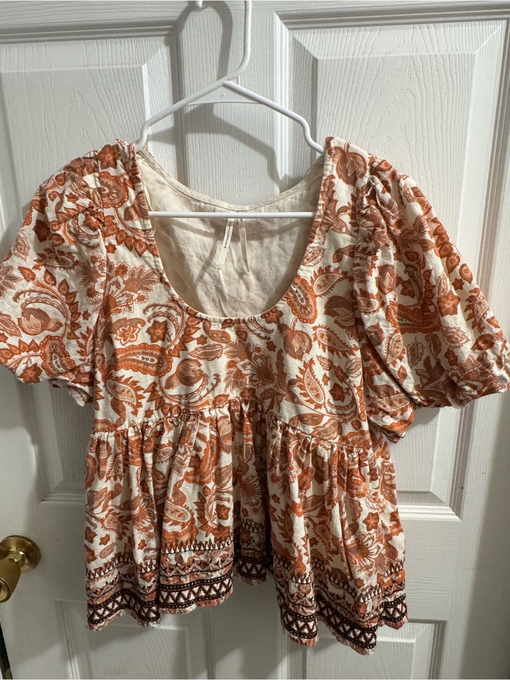 Anthropologie Cream and Rust Paisley Peplum Blouse